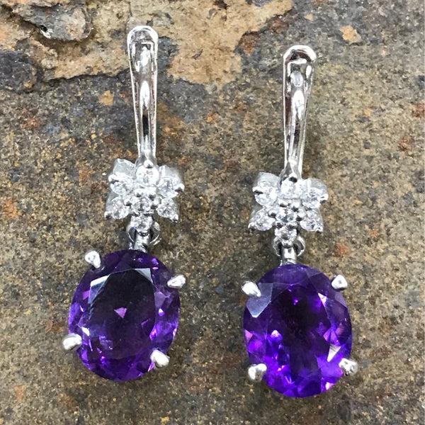 Amethyst & Cubic Zirconia Drop Earrings – 925 Sterling Silver