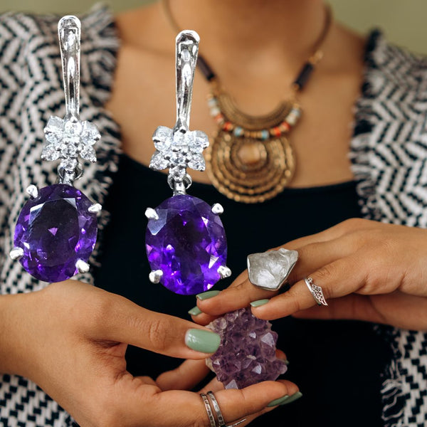 Amethyst & Cubic Zirconia Drop Earrings – 925 Sterling Silver