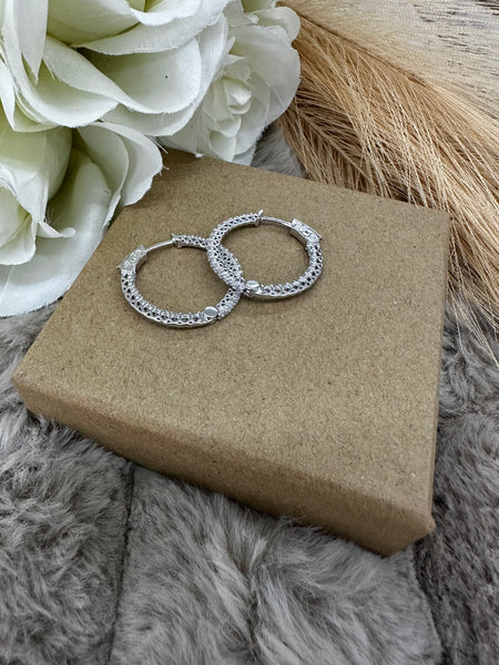 2.5cm Sterling Silver Hoop Earrings with Cubic Zirconia – Sparkling Clip-In Hoops for Women