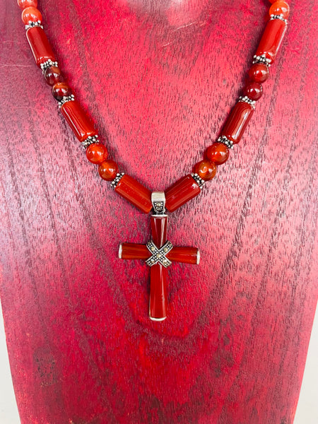 Bloodstone Cross Necklace with Sterling Silver Beads