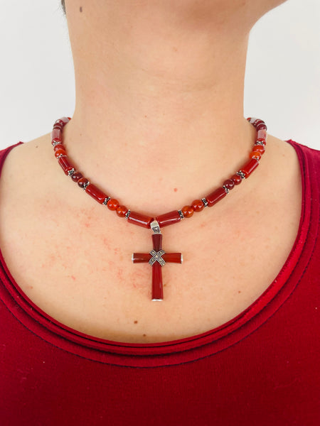 Bloodstone Cross Necklace with Sterling Silver Beads