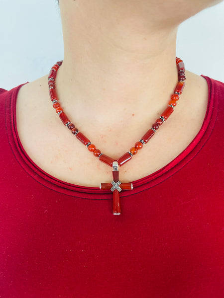 Bloodstone Cross Necklace with Sterling Silver Beads