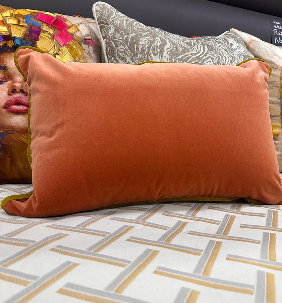Velvet Salmon Scatter Cushion with Chartreuse Piping