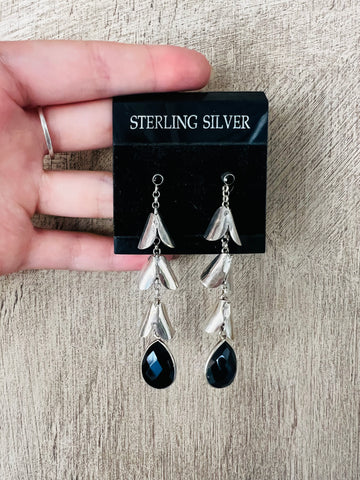 Three Dive Stone Black and Silver Drop Earrings