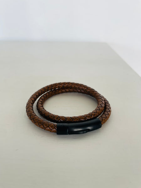 Armo Black Matt Steel Light Brown Genuine Leather Bracelet