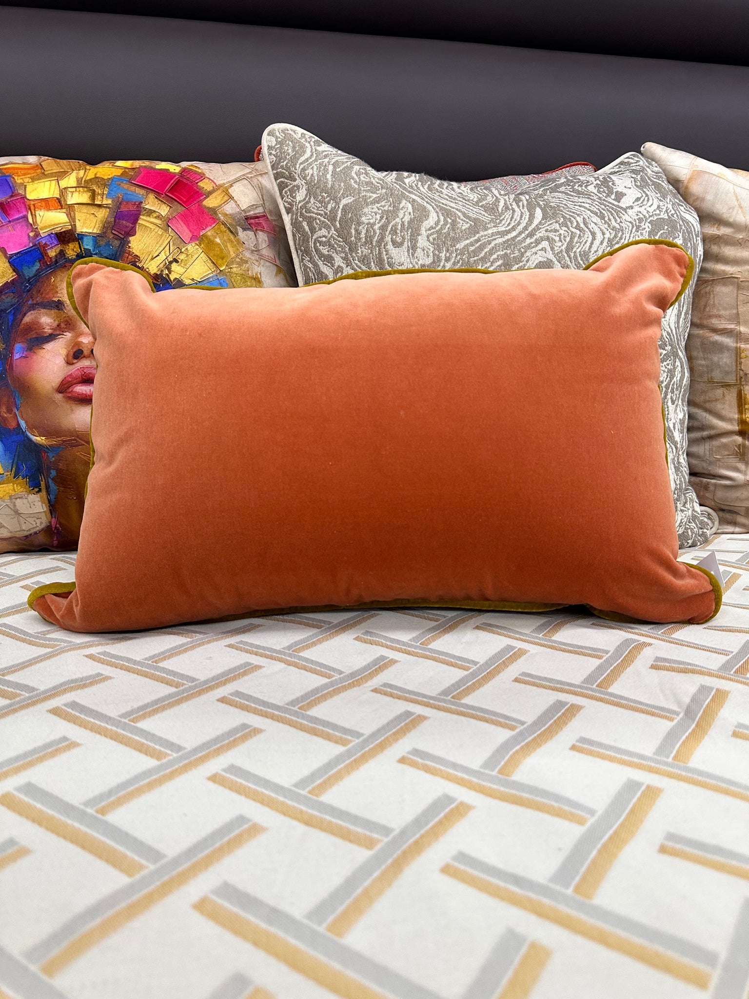 Velvet Salmon Scatter Cushion with Chartreuse Piping