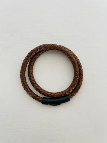 Armo Black Matt Steel Light Brown Genuine Leather Bracelet