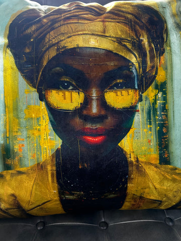 Retro Glasses African Lady Scatter Cushion Blue