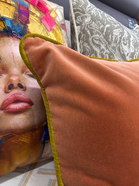 Velvet Salmon Scatter Cushion with Chartreuse Piping