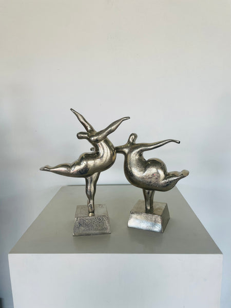 Modern Dancing Woman Sculpture Silver (Set of 2)