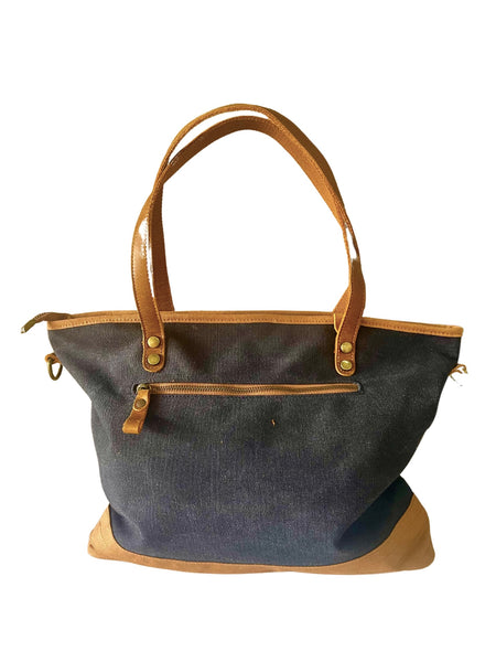 Canvas and Genuine Leather Shoulder Bag with Brass Hardware
