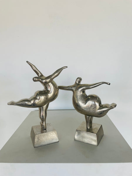 Modern Dancing Woman Sculpture Silver (Set of 2)
