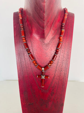 Bloodstone Cross Necklace with Sterling Silver Beads