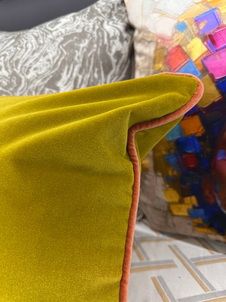 Velvet Chartreuse Scatter Cushion with Salmon Piping