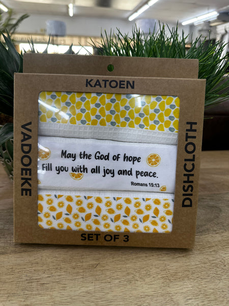 Cotton Lemon Print Dishcloths Set Of 3