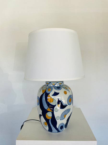 Ceramic Lamp Blue Art with White Shade