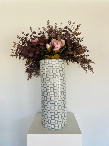 Modern White Ceramic Tube Vase with Grey Chain Pattern