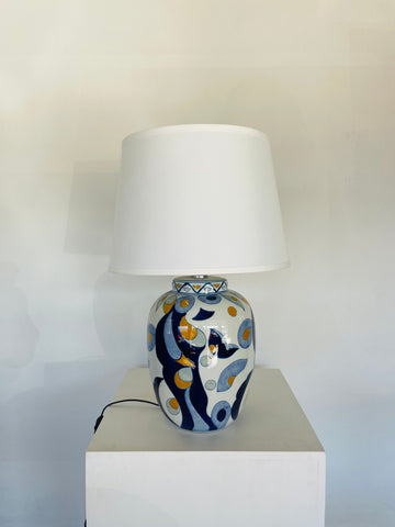 Ceramic Lamp Blue Art with White Shade